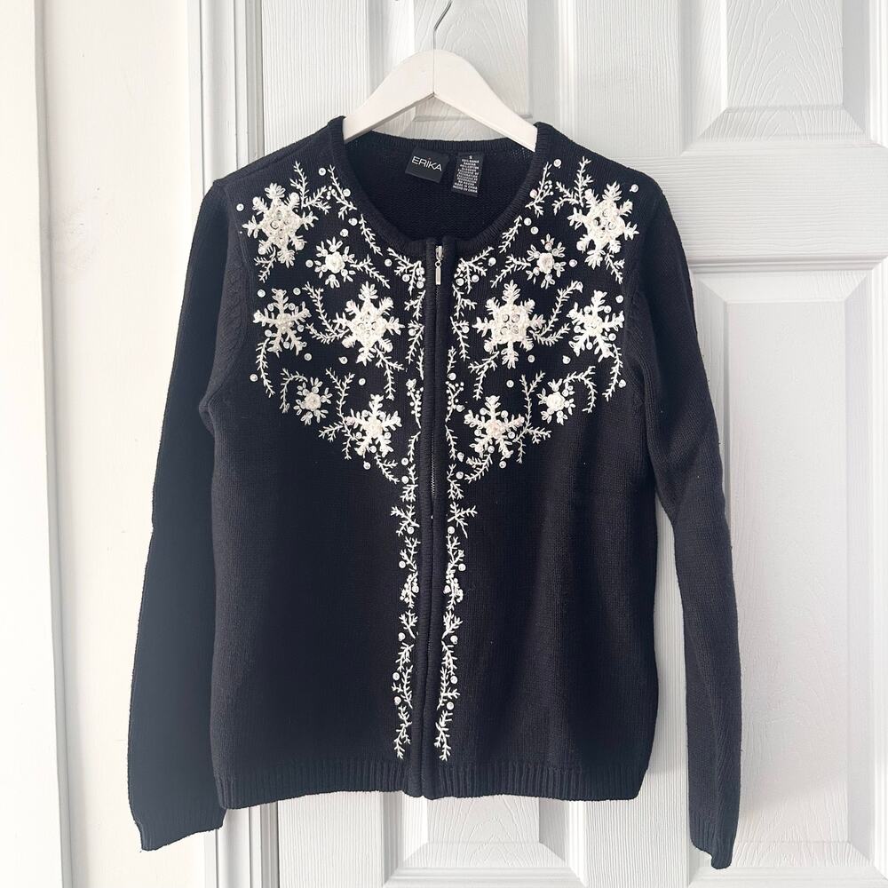 Erika Black Full Zip White Embroidered Snowflake Sequin Bead Knit Cardigan Small
